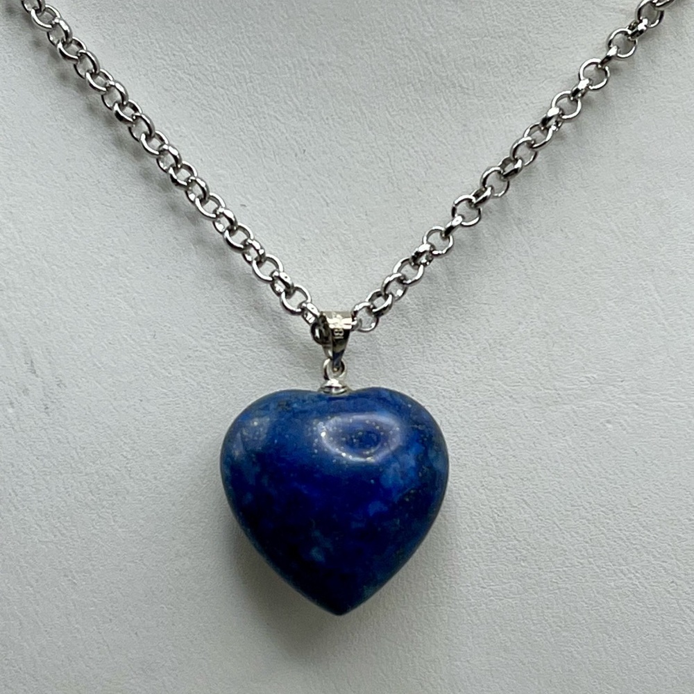 Silver Tone Chain Necklace with Genuine Lapis Lazuli Gemstone Heart Pendant - Picture 3 of 4